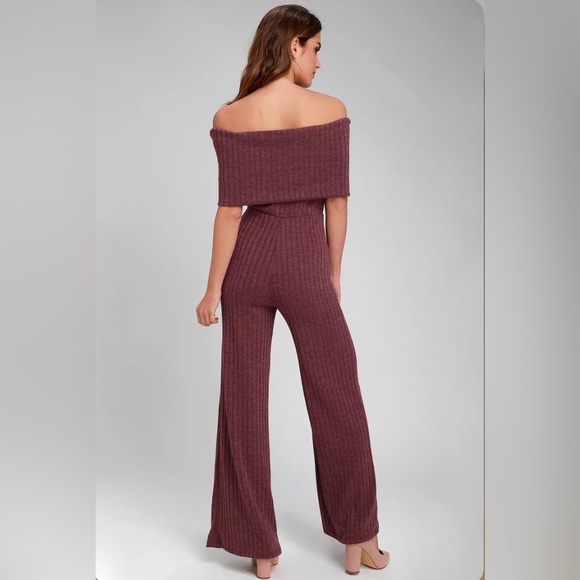 Lulus Always Styling Washed Burgundy Off-the-Shoulder Ribbed Jumpsuit - Picture 2 of 13